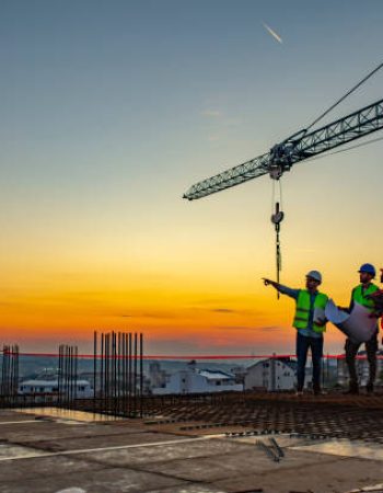 Three Multi-Ethnic construction workers in uniform standing at construction site with crane in background, discussing building plans while holding blueprint at sunset under the tower crane.